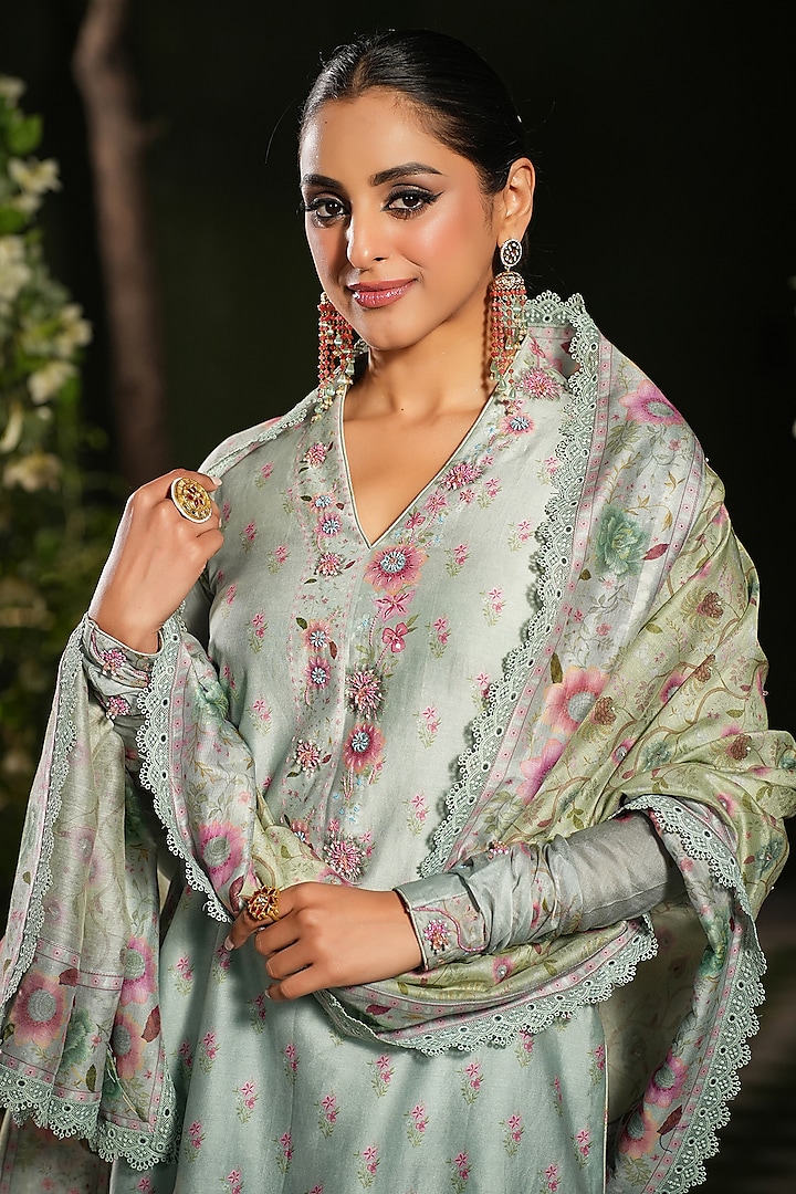 Blue Silk Chanderi Printed & Embroidered Wedding Sharara Set by Niti Bothra at Pernia's Pop Up Shop