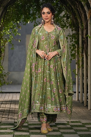 Dark Green Silk Chanderi Printed & Embroidered Kalidar Kurta Set by Niti Bothra