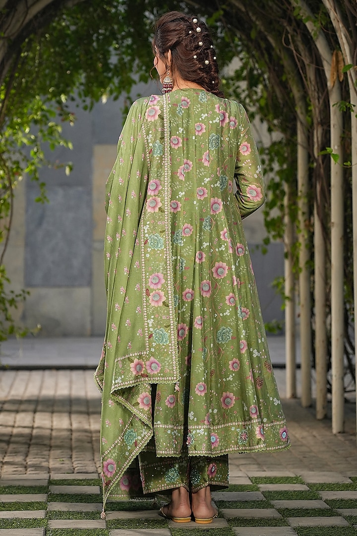 Dark Green Silk Chanderi Printed & Embroidered Kalidar Kurta Set by Niti Bothra at Pernia's Pop Up Shop