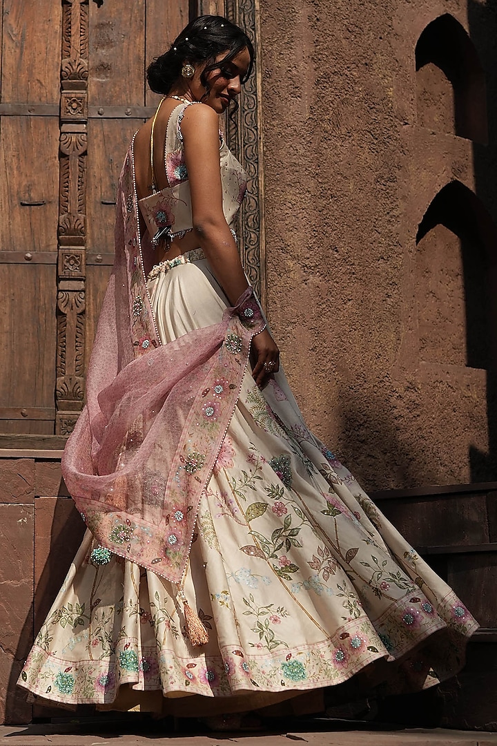 Ivory Organza Pearl & Glass Beads Embroidered Wedding Lehenga Set by Niti Bothra at Pernia's Pop Up Shop