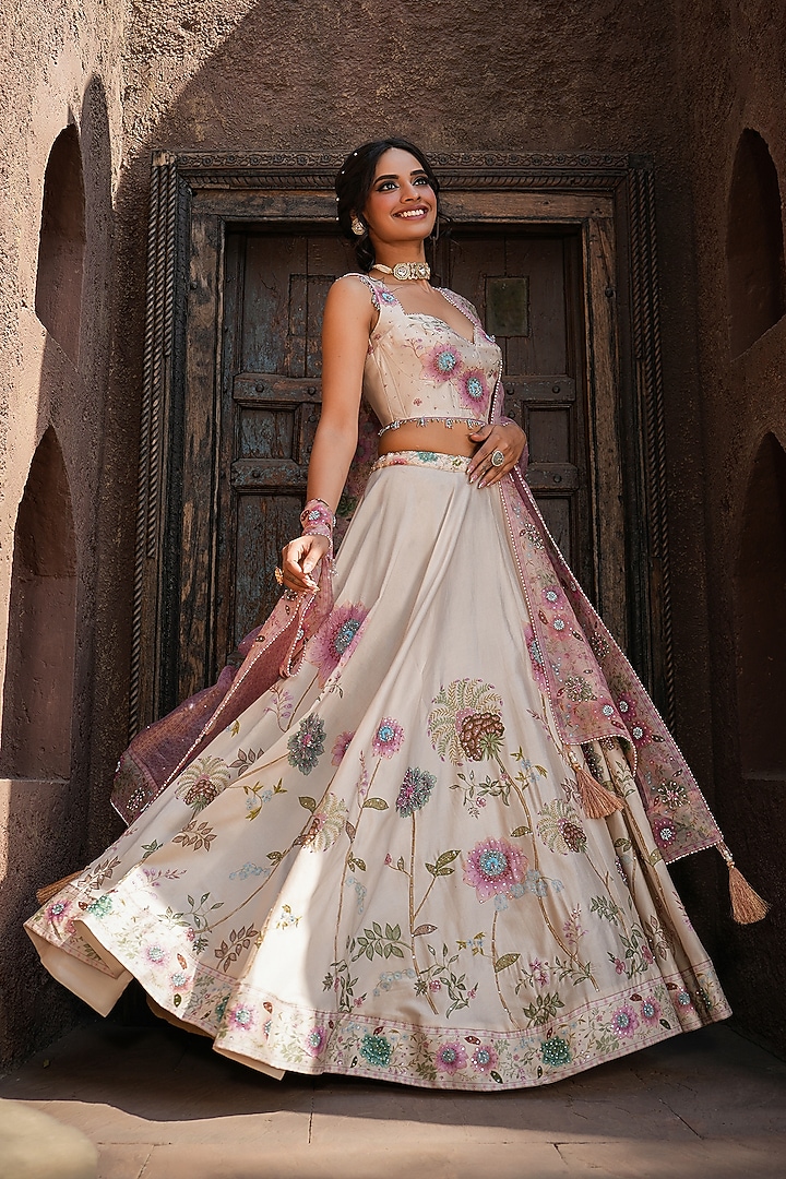 Ivory Organza Pearl & Glass Beads Embroidered Wedding Lehenga Set by Niti Bothra at Pernia's Pop Up Shop