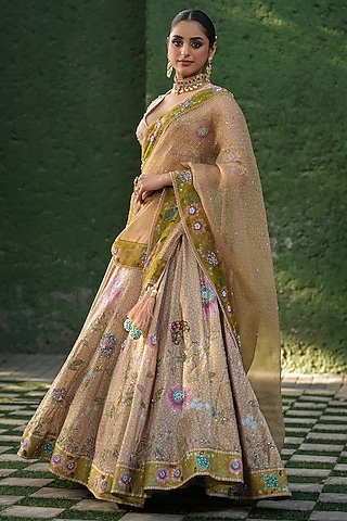 Yellow Organza Pearl & Glass Beads Embroidered Lehenga Set by Niti Bothra