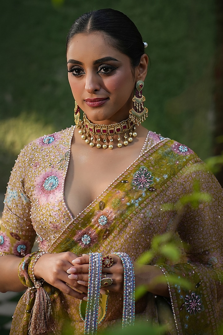 Yellow Organza Pearl & Glass Beads Embroidered Wedding Lehenga Set by Niti Bothra at Pernia's Pop Up Shop