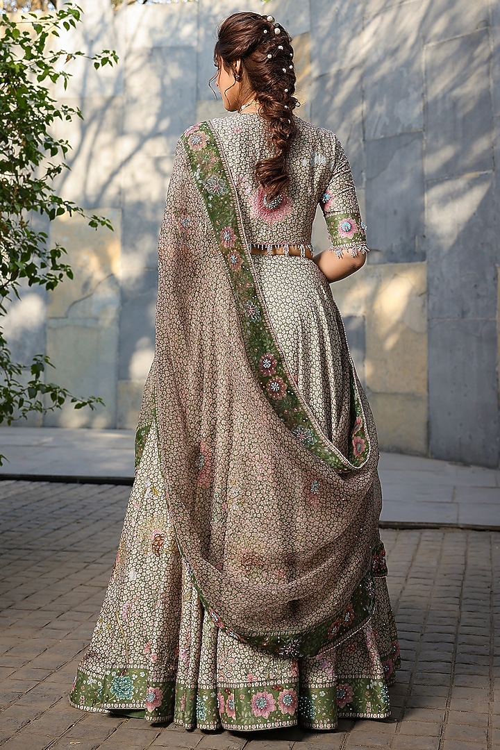 Dark Green Organza Pearl & Glass Beads Embroidered Wedding Lehenga Set by Niti Bothra at Pernia's Pop Up Shop