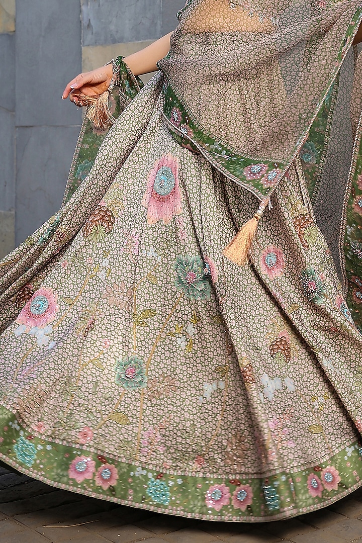 Dark Green Organza Pearl & Glass Beads Embroidered Wedding Lehenga Set by Niti Bothra at Pernia's Pop Up Shop