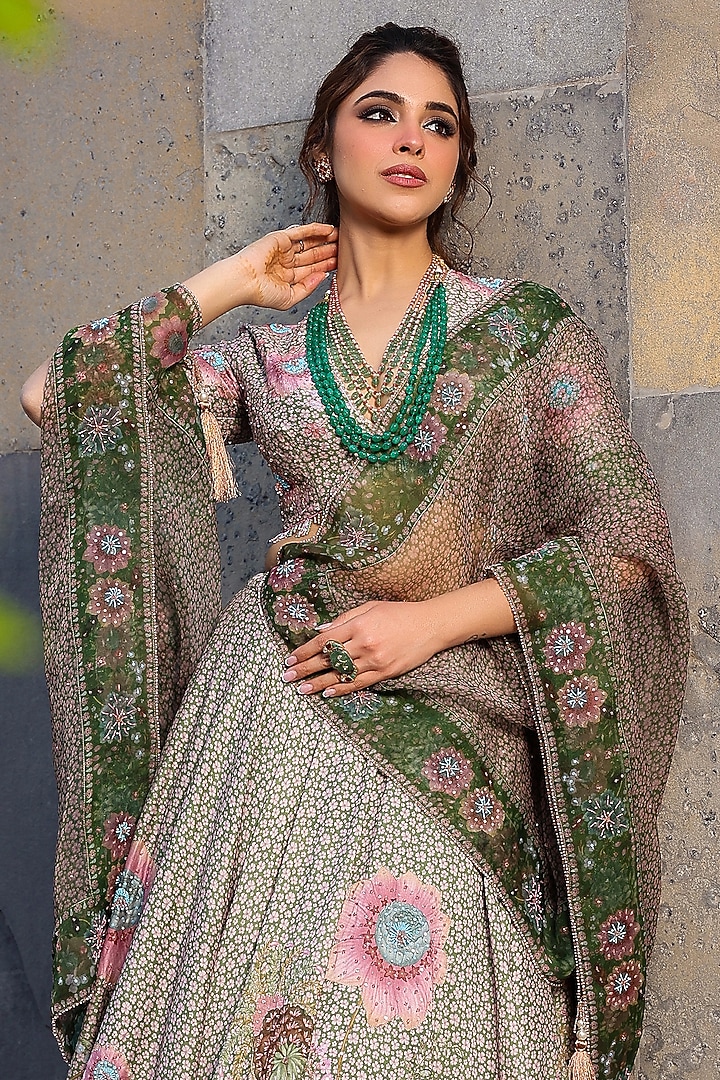 Dark Green Organza Pearl & Glass Beads Embroidered Wedding Lehenga Set by Niti Bothra at Pernia's Pop Up Shop