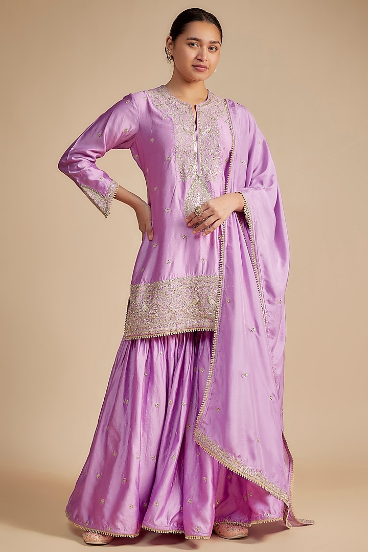 Lilac Silk Tikki & Boota Work Sharara Set by Niti Bothra at Pernia's Pop Up Shop