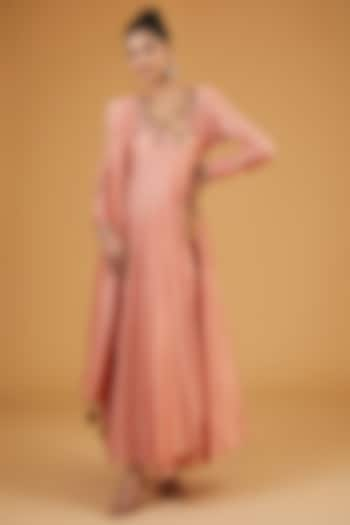 Peach Silk Resham Embroidered Angrakha Kurta Set by Niti Bothra at Pernia's Pop Up Shop