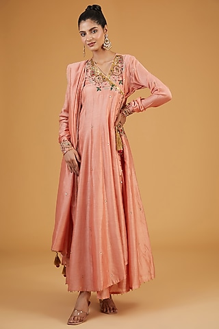 Peach Silk Resham Embroidered Angrakha Kurta Set by Niti Bothra
