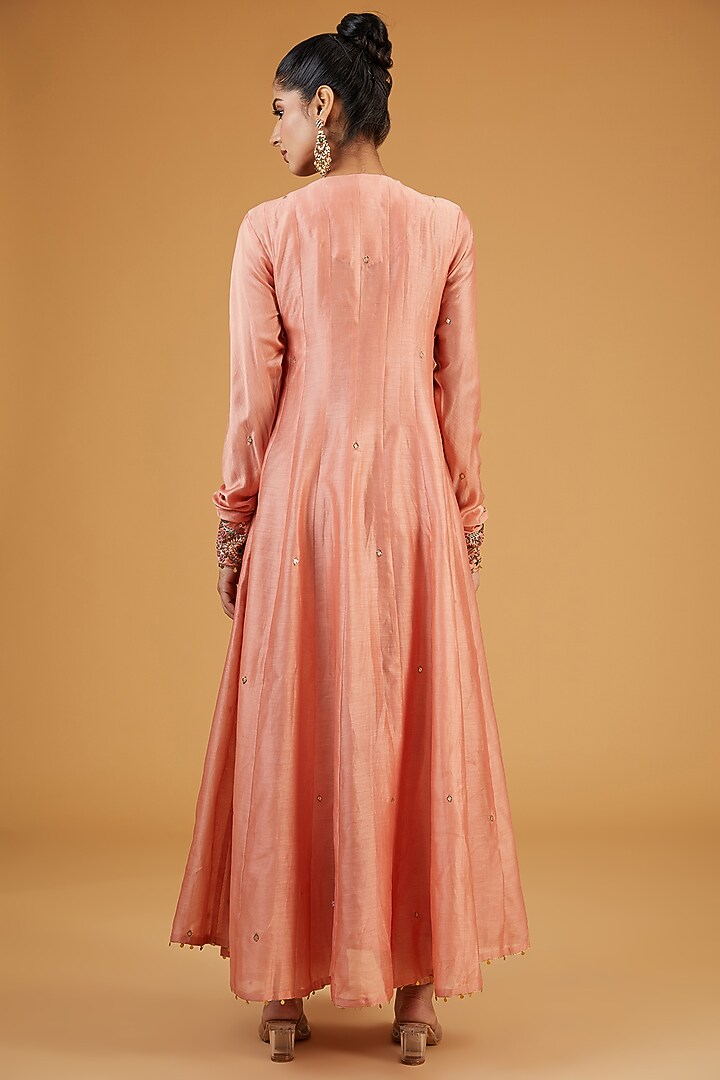 Peach Silk Resham Embroidered Angrakha Kurta Set by Niti Bothra at Pernia's Pop Up Shop