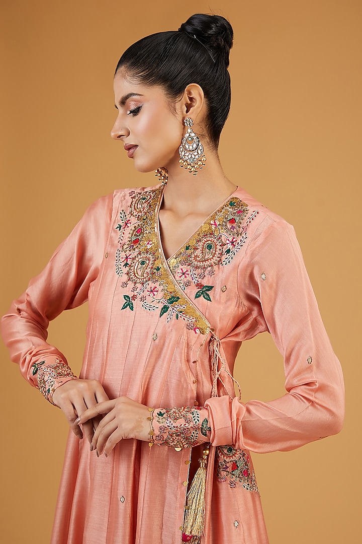 Peach Silk Resham Embroidered Angrakha Kurta Set by Niti Bothra at Pernia's Pop Up Shop