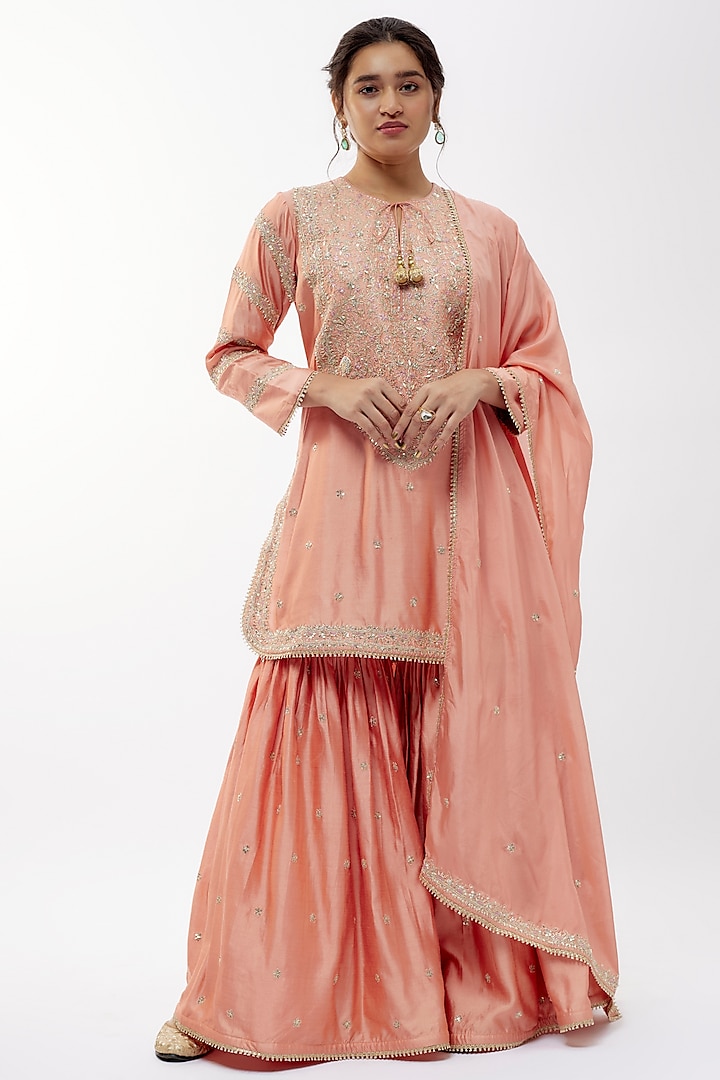 Peach Silk Wedding Sharara Set by Niti Bothra at Pernia's Pop Up Shop