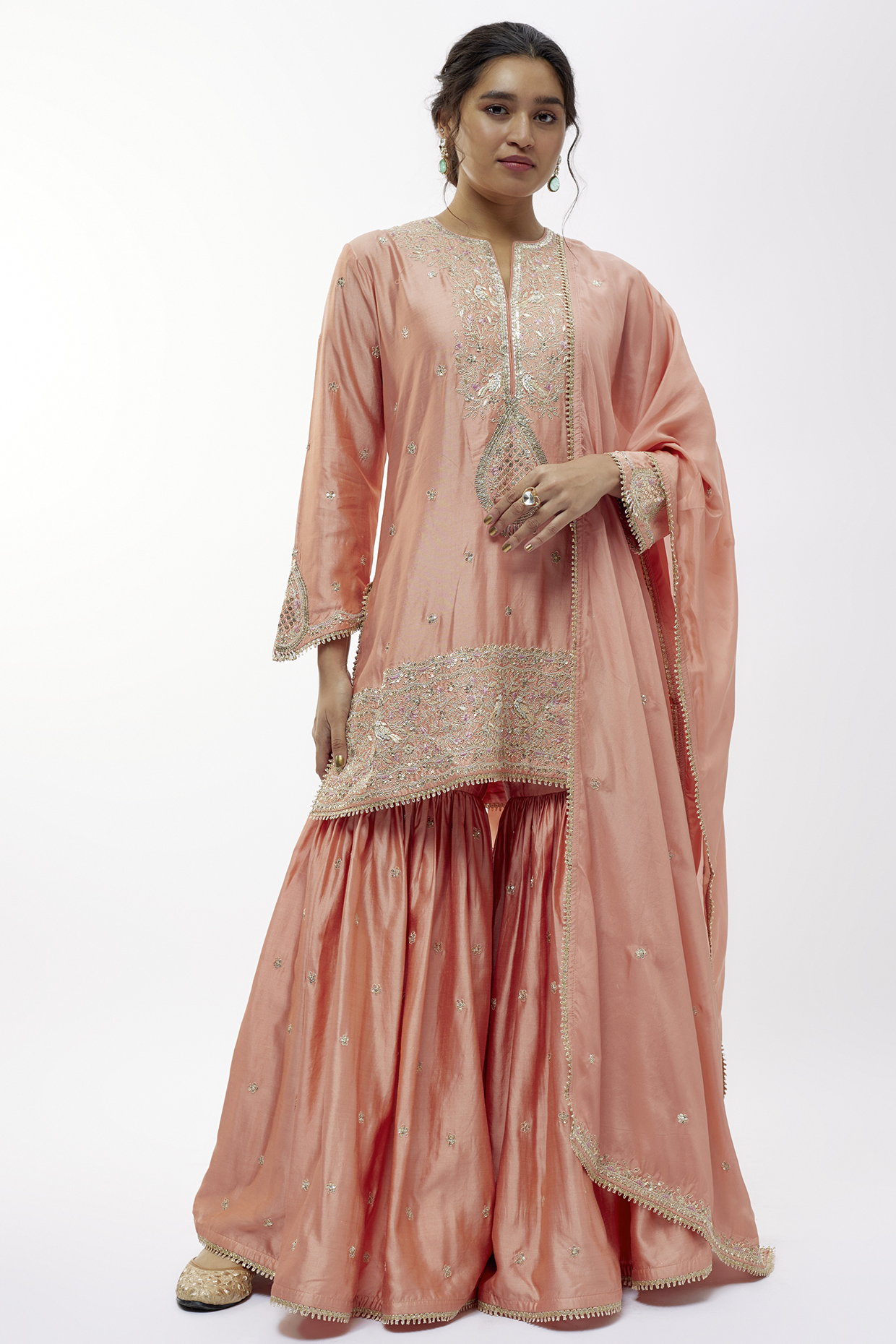 Peach Silk Boota Embroidered Wedding Sharara Set by Niti Bothra at Pernia's Pop Up Shop