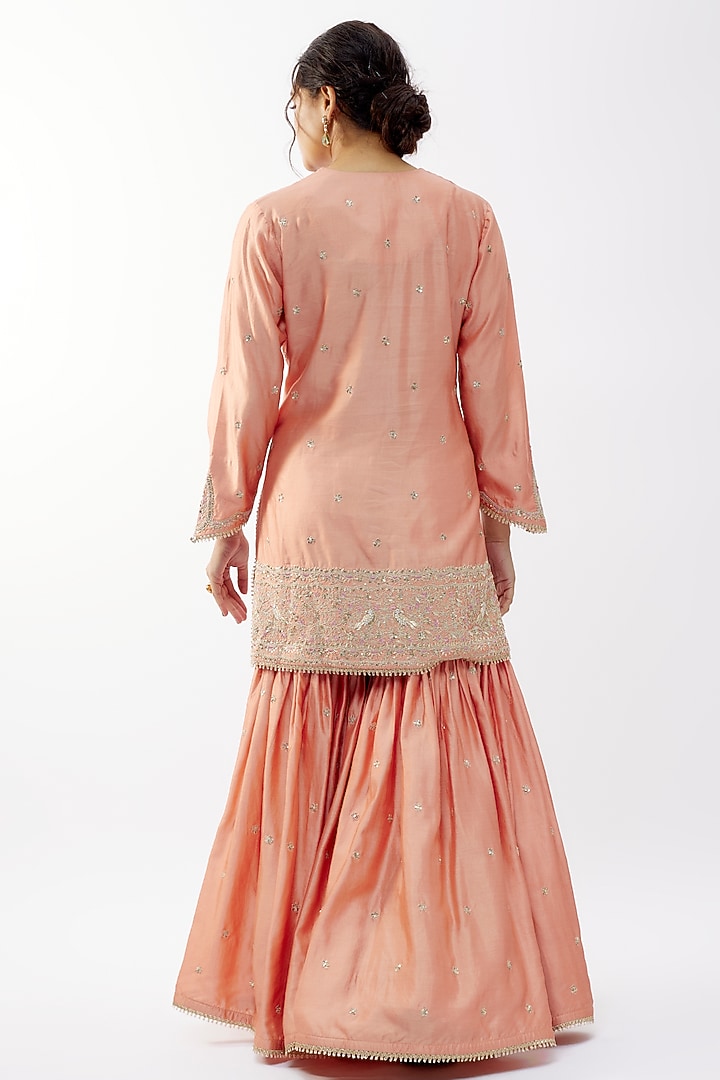 Peach Silk Boota Embroidered Wedding Sharara Set by Niti Bothra at Pernia's Pop Up Shop
