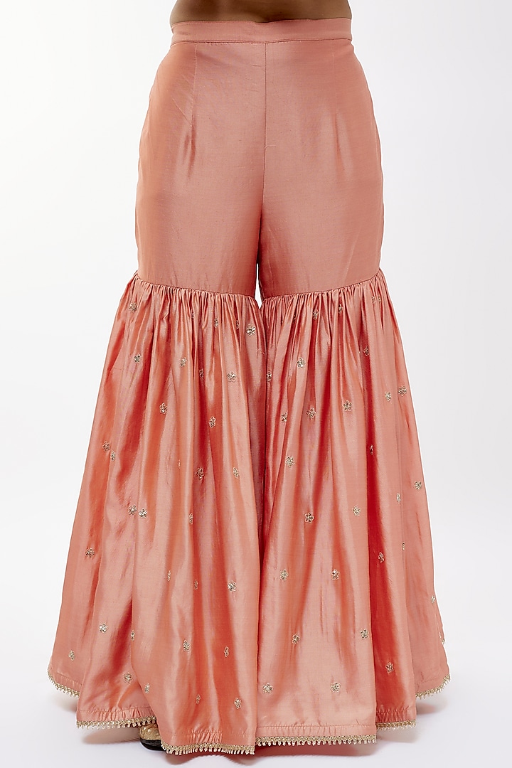 Peach Silk Boota Embroidered Wedding Sharara Set by Niti Bothra at Pernia's Pop Up Shop