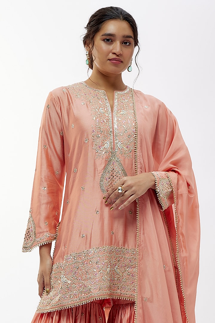 Peach Silk Boota Embroidered Wedding Sharara Set by Niti Bothra at Pernia's Pop Up Shop