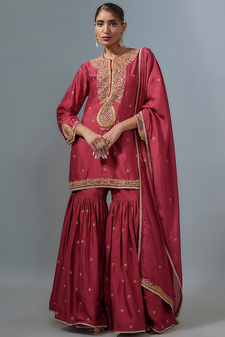 Maroon Silk Boota Embroidered Wedding Sharara Set by Niti Bothra at Pernia's Pop Up Shop