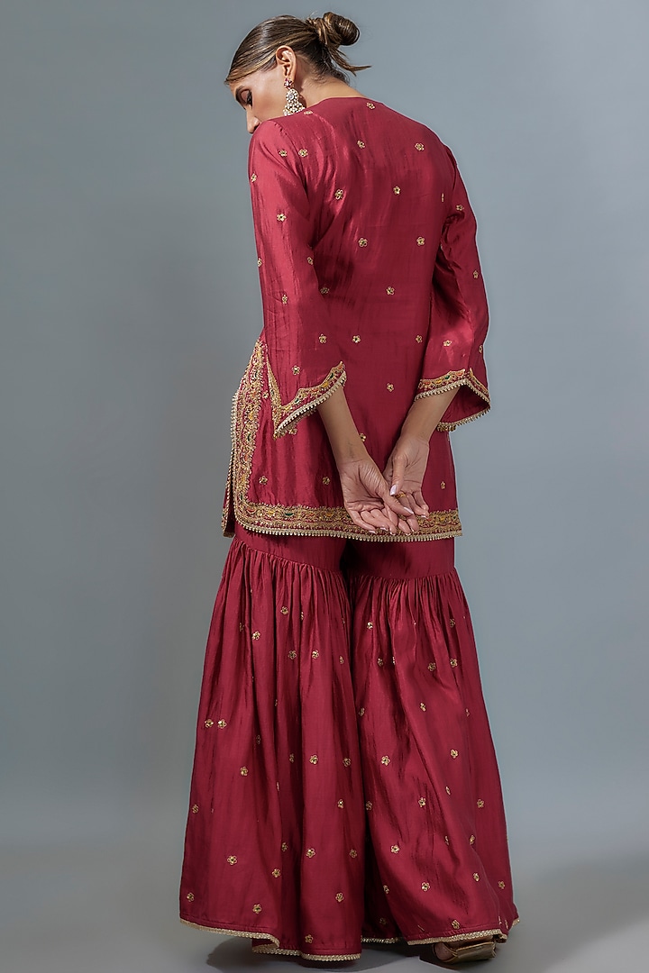 Maroon Silk Boota Embroidered Wedding Sharara Set by Niti Bothra at Pernia's Pop Up Shop