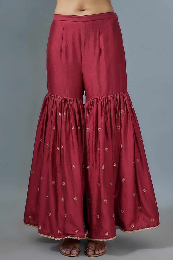 Maroon Silk Boota Embroidered Wedding Sharara Set by Niti Bothra at Pernia's Pop Up Shop