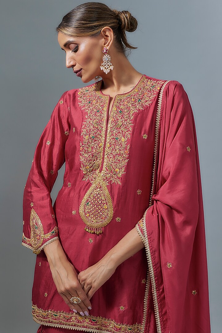 Maroon Silk Boota Embroidered Wedding Sharara Set by Niti Bothra at Pernia's Pop Up Shop