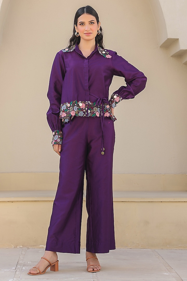 Purple Silk Tencel Cutwork Embroidered Co-Ord Set by Niti Bothra at Pernia's Pop Up Shop