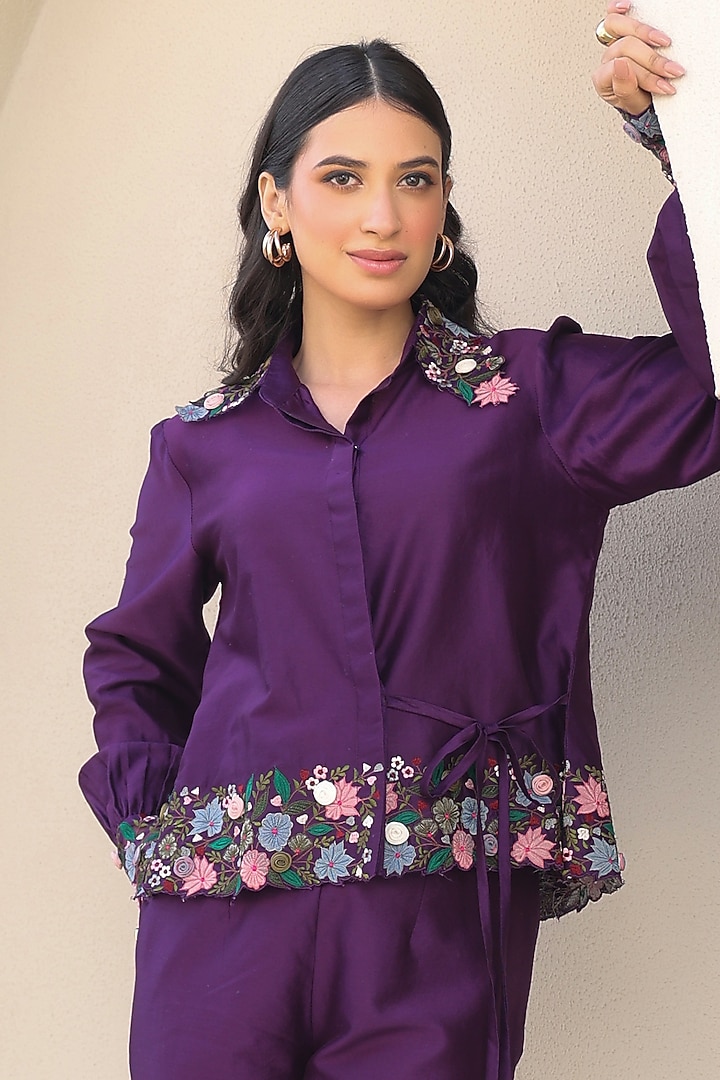 Purple Silk Tencel Cutwork Embroidered Co-Ord Set by Niti Bothra at Pernia's Pop Up Shop