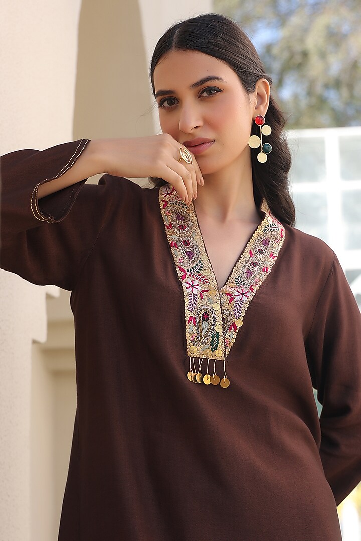 Brown Silk Tencel Zardosi Embroidered Co-Ord Set by Niti Bothra at Pernia's Pop Up Shop