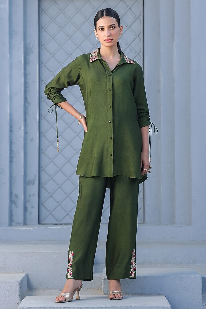 Olive Green Zardosi Embroidered Co-Ord Set by Niti Bothra at Pernia's Pop Up Shop