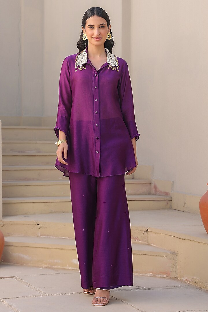 Purple Silk Tencel Zardosi Embroidered Co-Ord Set by Niti Bothra at Pernia's Pop Up Shop