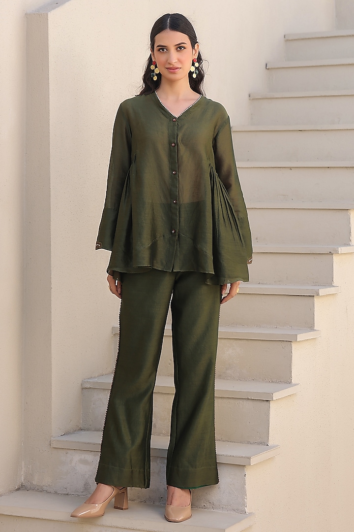 Olive Green Silk Tencel Bead Embroidered Co-Ord Set by Niti Bothra at Pernia's Pop Up Shop