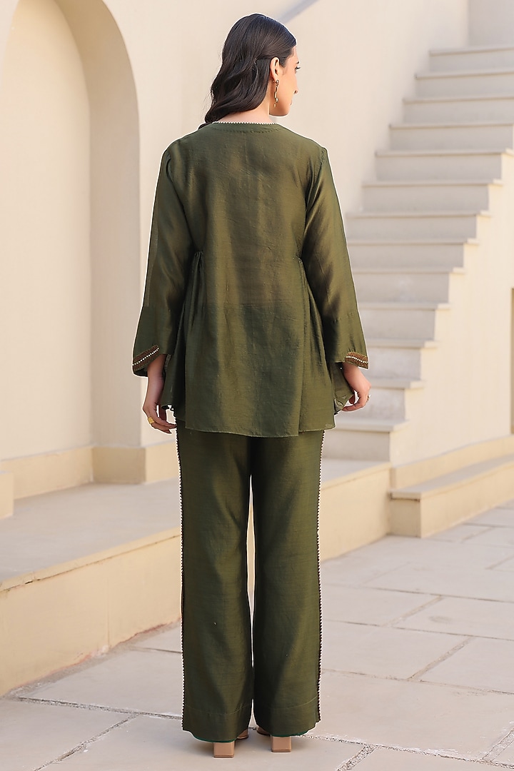 Olive Green Silk Tencel Bead Embroidered Co-Ord Set by Niti Bothra at Pernia's Pop Up Shop