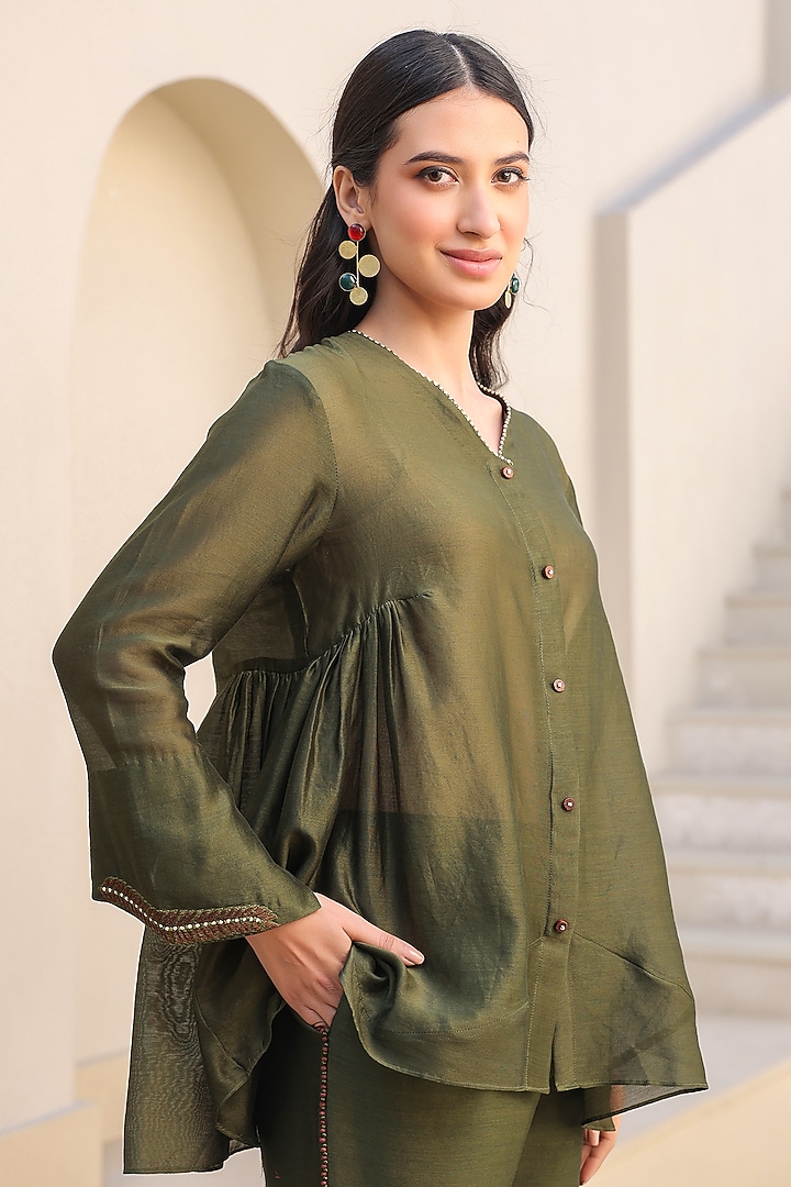 Olive Green Silk Tencel Bead Embroidered Co-Ord Set by Niti Bothra at Pernia's Pop Up Shop