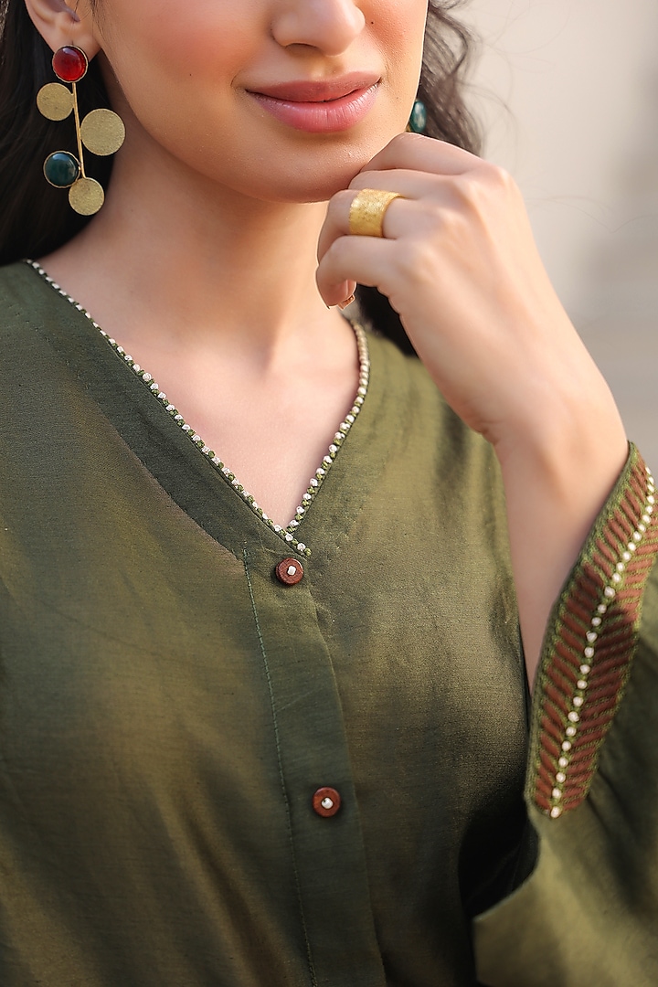 Olive Green Silk Tencel Bead Embroidered Co-Ord Set by Niti Bothra at Pernia's Pop Up Shop