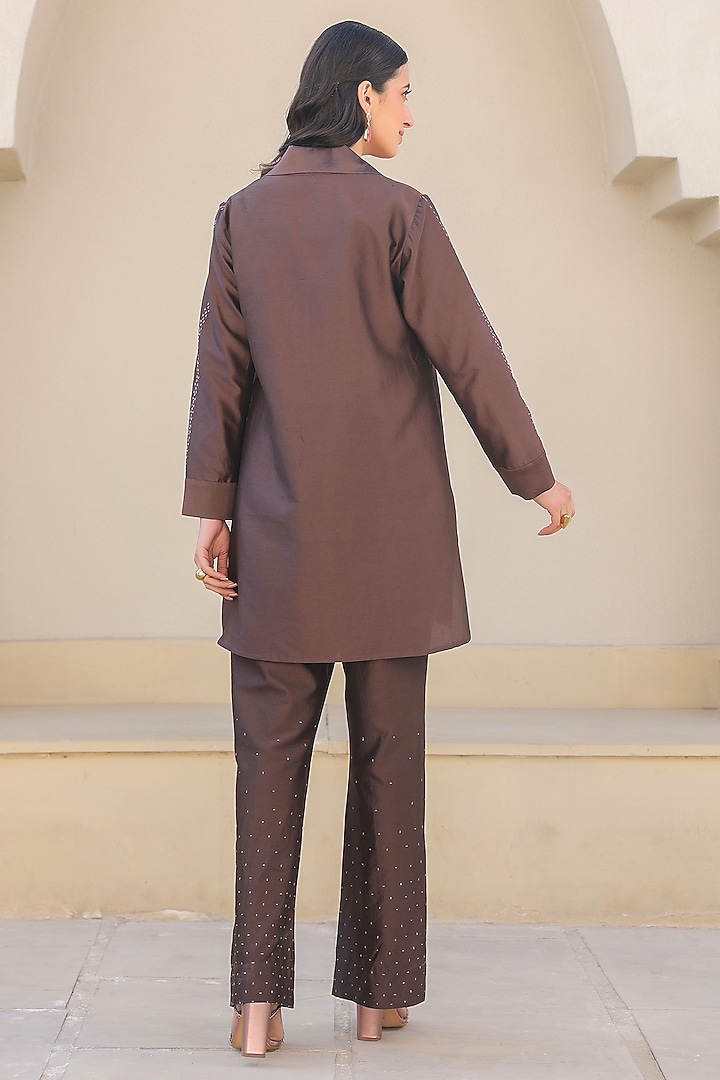 Brown Silk Tencel Threadwork Embroidered Co-Ord Set by Niti Bothra at Pernia's Pop Up Shop