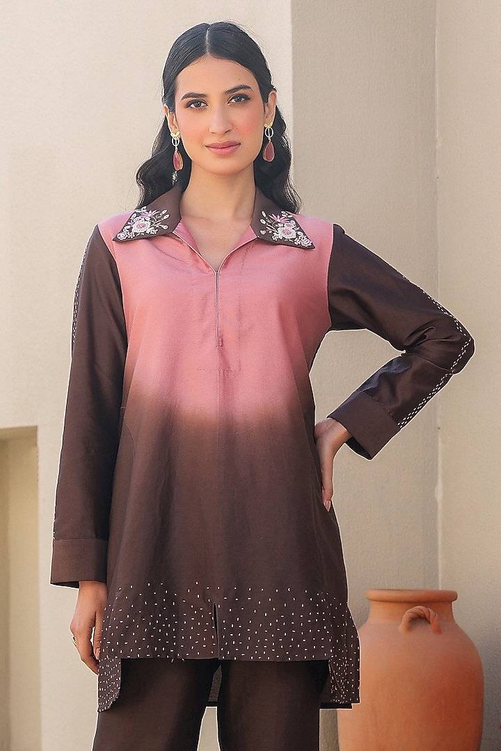 Brown Silk Tencel Threadwork Embroidered Co-Ord Set by Niti Bothra at Pernia's Pop Up Shop