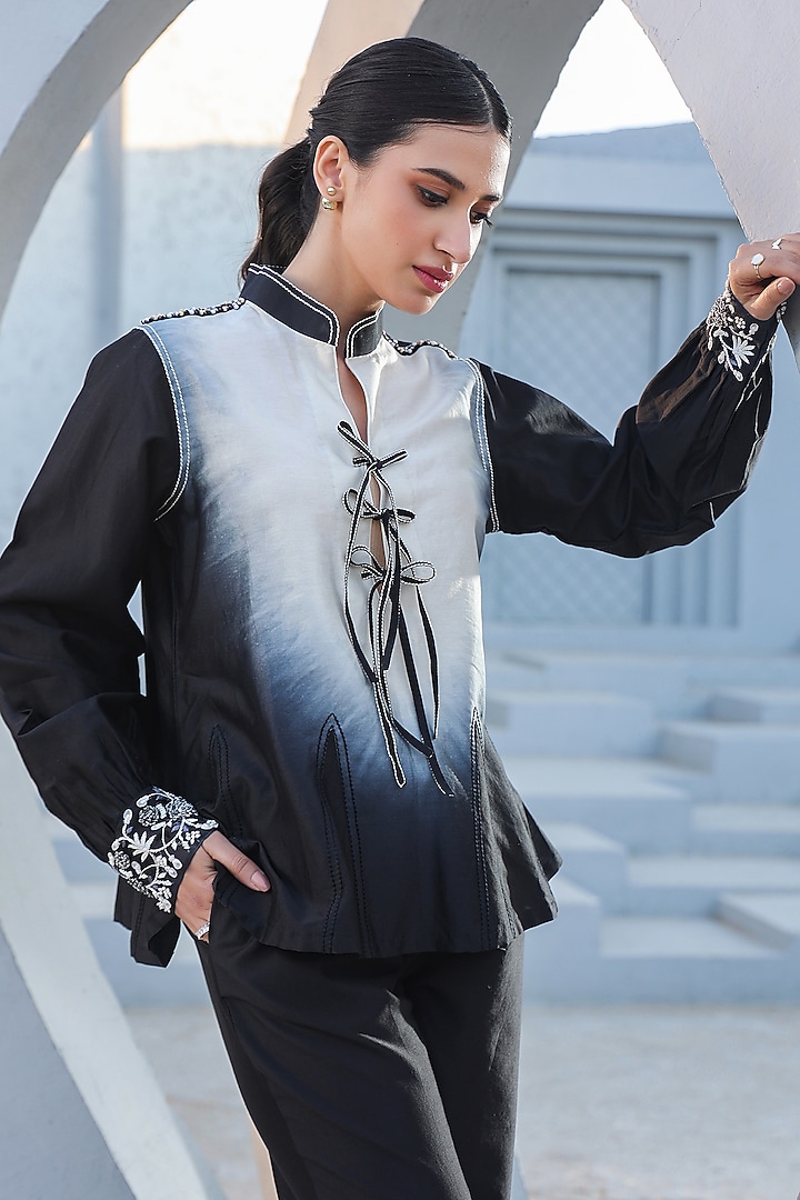 Black & White Ombre Silk Tencel Threadwork Embroidered Co-Ord Set by Niti Bothra at Pernia's Pop Up Shop