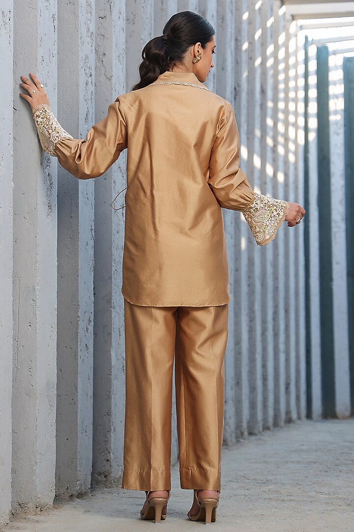 Beige Silk Tencel Threadwork Embroidered Co-Ord Set by Niti Bothra at Pernia's Pop Up Shop