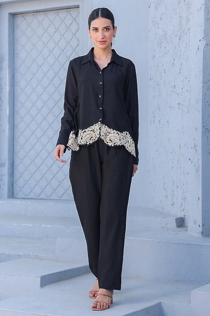 Black Silk Tencel Threadwork Embroidered Co-Ord Set by Niti Bothra at Pernia's Pop Up Shop