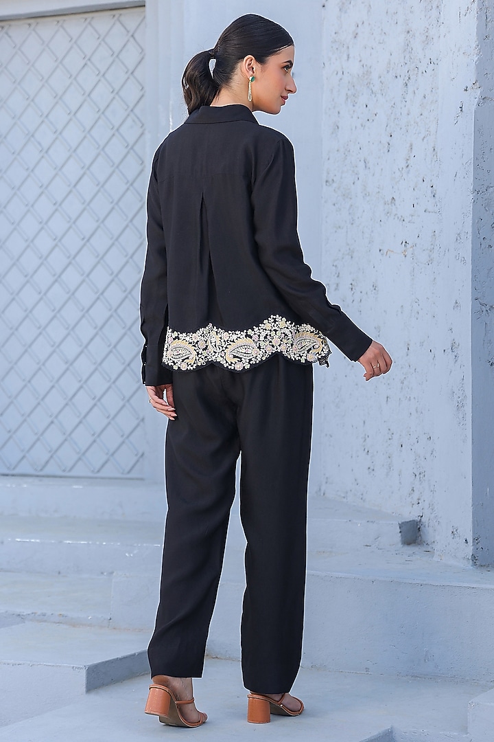Black Silk Tencel Threadwork Embroidered Co-Ord Set by Niti Bothra at Pernia's Pop Up Shop