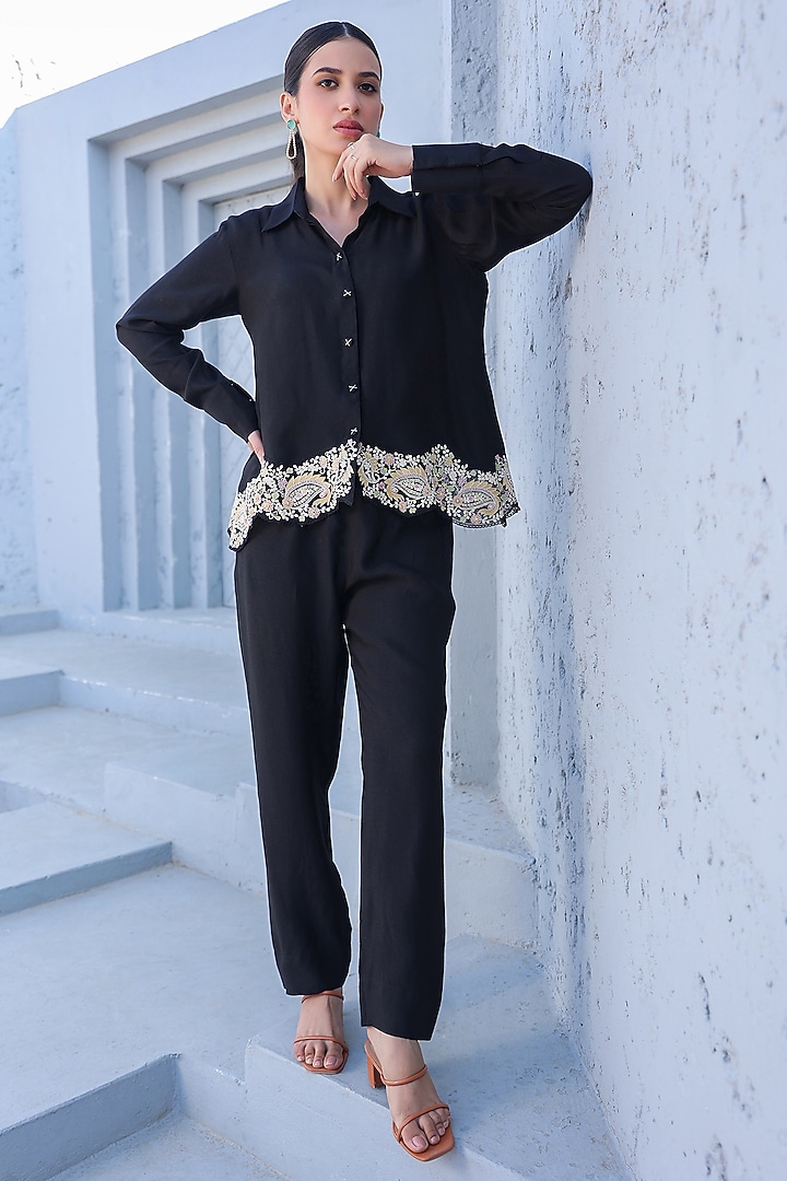 Black Silk Tencel Threadwork Embroidered Co-Ord Set by Niti Bothra at Pernia's Pop Up Shop