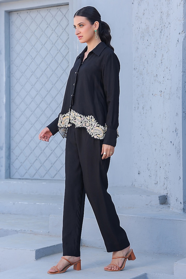 Black Silk Tencel Threadwork Embroidered Co-Ord Set by Niti Bothra at Pernia's Pop Up Shop
