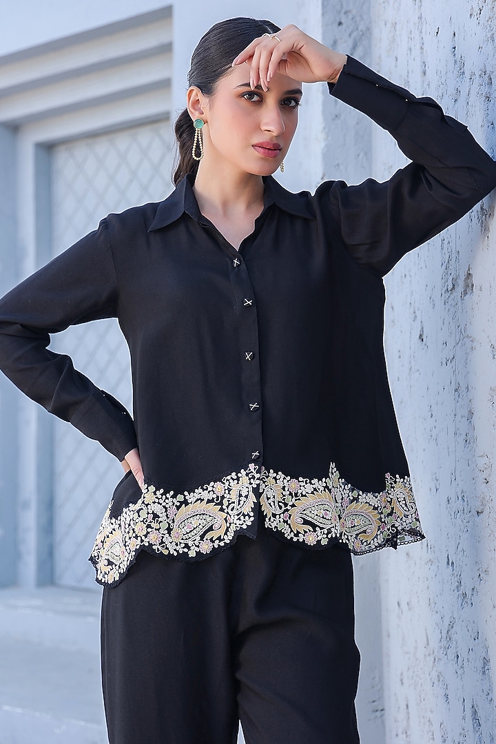 Black Silk Tencel Threadwork Embroidered Co-Ord Set by Niti Bothra at Pernia's Pop Up Shop