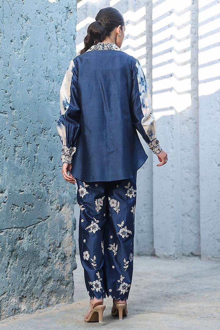 Blue Silk Tencel Applique Embroidered Co-Ord Set by Niti Bothra at Pernia's Pop Up Shop