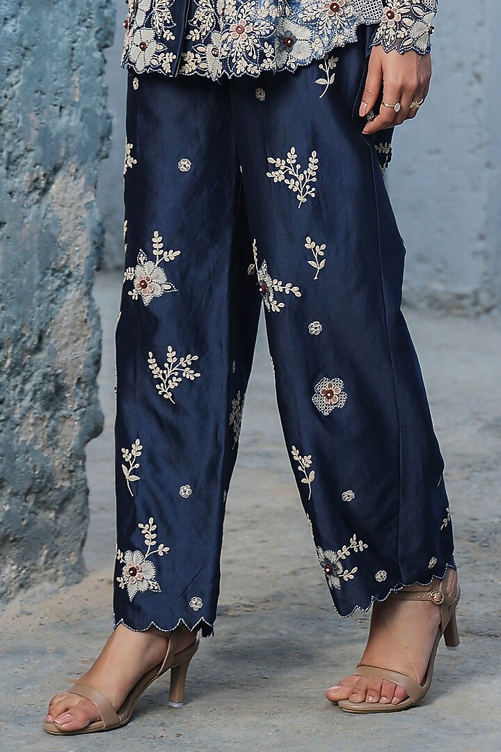 Blue Silk Tencel Applique Embroidered Co-Ord Set by Niti Bothra at Pernia's Pop Up Shop