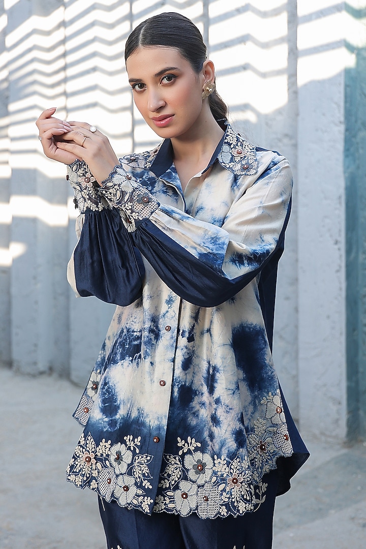 Blue Silk Tencel Applique Embroidered Co-Ord Set by Niti Bothra at Pernia's Pop Up Shop