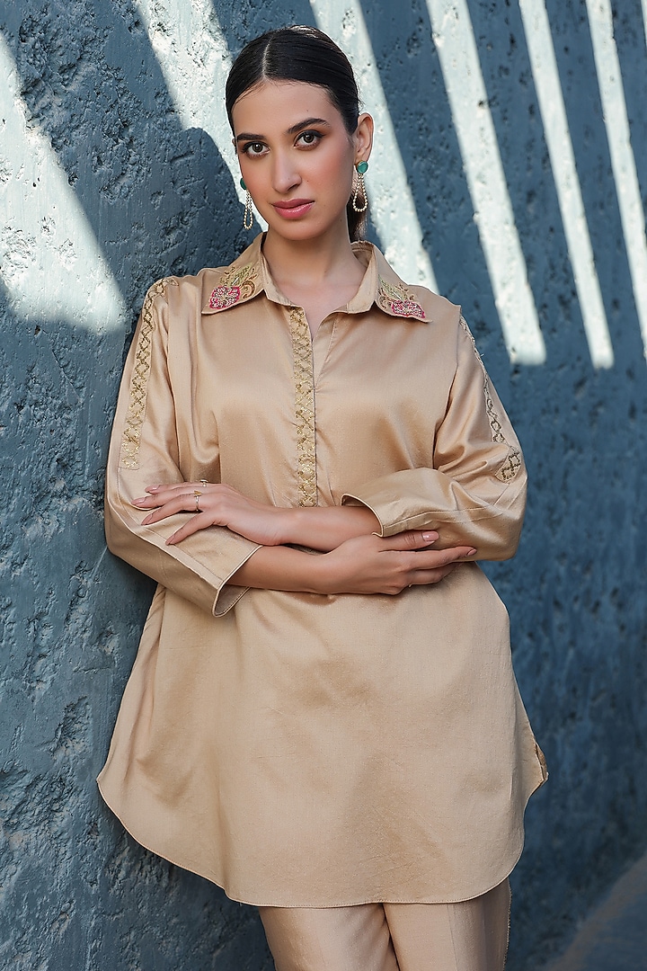 Beige Silk Tencel Zardosi & Sequins Embroidered Co-Ord Set by Niti Bothra at Pernia's Pop Up Shop