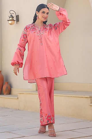 Pink Silk Tencel Bead Embroidered & Printed Co-Ord Set by Niti Bothra