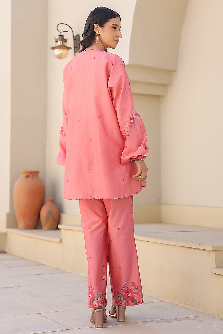 Pink Silk Tencel Bead Embroidered & Printed Co-Ord Set by Niti Bothra at Pernia's Pop Up Shop