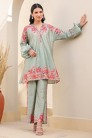 Sage Green Silk Tencel Bead Embroidered & Printed Co-Ord Set by Niti Bothra