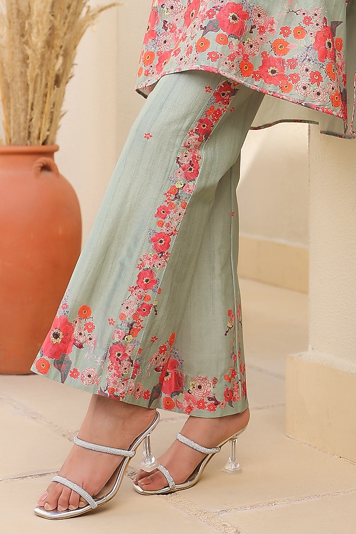 Sage Green Silk Tencel Bead Embroidered & Printed Co-Ord Set by Niti Bothra at Pernia's Pop Up Shop